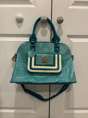 Marc Chantel Turquoise Croc-Embossed Satchel with Cream Trim - Authentic Leather